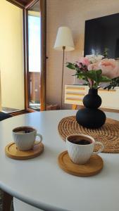 duas chávenas de café e um vaso com flores na mesa em 4Rest & 4Joy em Zlatibor