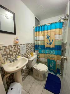 カボ・ロホにあるVilla Retiro R in Boquerón Areaの洗面台、トイレ、シャワー付きのバスルーム