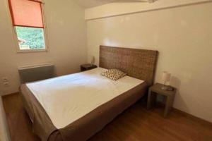 ein Schlafzimmer mit einem Bett und einem Fenster in der Unterkunft Appartement au bord du lac in Lacanau