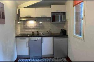 eine kleine Küche mit Spüle und Geschirrspüler in der Unterkunft Appartement au bord du lac in Lacanau