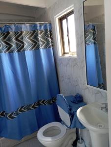 a bathroom with a blue shower curtain and a toilet at Cabaña Curanipe Playa in Curanipe