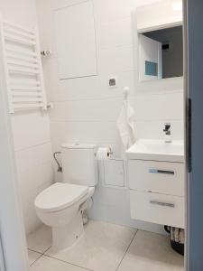 biała łazienka z toaletą i umywalką w obiekcie Mieszkanie Turkus w Gnieźnie w Gnieźnie