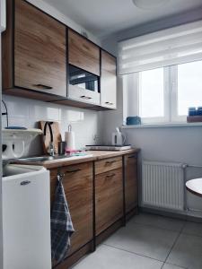 uma cozinha com armários de madeira e um lavatório em Mieszkanie Turkus w Gnieźnie em Gniezno