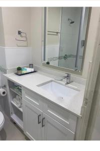 een badkamer met een wastafel en een spiegel bij Sun Flower in Portmore