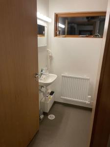 La petite salle de bains est pourvue d'un lavabo et d'un miroir. dans l'établissement Lakeview cabin near Kirkjubaejarklaustur, à Kirkjubæjarklaustur