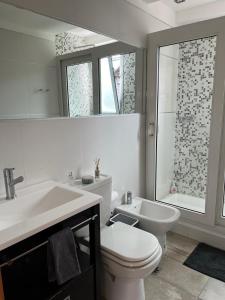 een badkamer met een toilet, een wastafel en een spiegel bij Campos de Ushuaia in Ushuaia