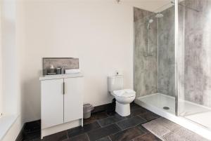 a bathroom with a toilet and a shower at Victoria Apartments Stylish 3BR in Hartlepool in Hartlepool