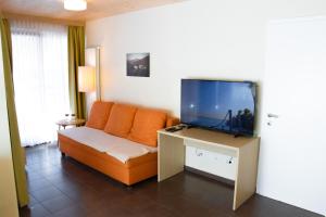 ein Wohnzimmer mit einem Sofa und einem Flachbild-TV in der Unterkunft Apartma Bazilika in Topolšica