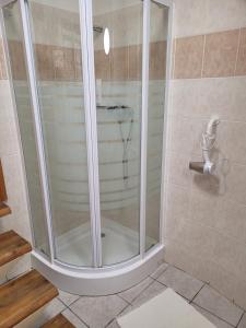 a shower with a glass door in a bathroom at Penzion Klopacka in Špania Dolina