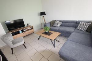 sala de estar con sofá azul y TV en Gite de la rue du château - tout inclus en Pontgibaud