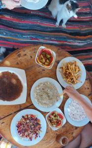 una mesa con platos de comida y un gato en una alfombra en Makany Makanak Camp, en Dahab