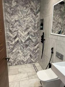 a bathroom with a stone shower with a toilet and a sink at Central London Apartment (1) in London