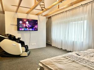 a bedroom with a bed and a tv on a wall at Ferien-Villa direkt am Rhein Sauna/Whirlpool in Götterswickerhamm