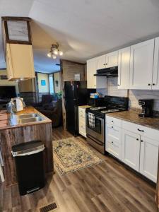 a kitchen with white cabinets and a black refrigerator at The Holler Inn at Dale Hollow in Frogue