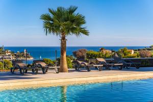 a group of chairs and a palm tree next to a pool at Les Jardins Du Cèdre in Port-Vendres