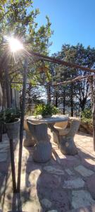 a stone table with plants on it in a park at Villa Anna in San Venanzo