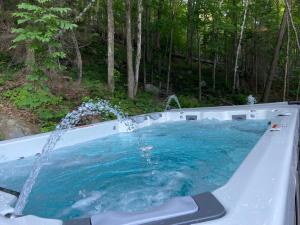 un bain à remous avec une fontaine dans les bois dans l'établissement Luxury St-Sauveur Chalet with Swim Spa Close to Ski, à Sainte-Adèle