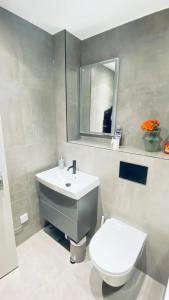a bathroom with a sink and a toilet and a mirror at Shadwell - walking distance to Tower Bridge, two stations in close proximity in London