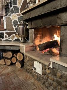 Un horno de piedra con fuego. en Guest House Rila en Govedartsi
