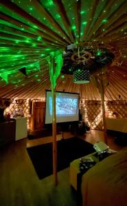 a living room with a tv and green lights at Glamp and Tipple Ltd in Great Ellingham