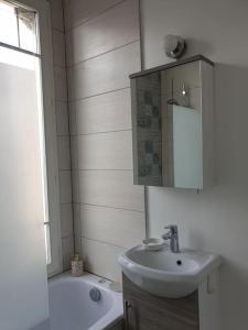 a bathroom with a sink and a mirror and a tub at Charming & practical near Paris in Gentilly