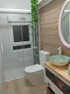a bathroom with a toilet and a glass shower at La cámara secreta de BelNi in Avilés