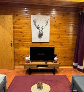 uma sala de estar com uma televisão de ecrã plano numa parede de madeira em Mountain Lodge T3 Duplex Abrigo do Lobo na Covilhã