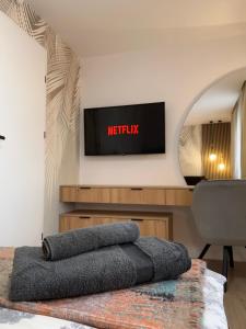 uma sala de estar com televisão na parede em ApartHotel Tarnaveni em Tîrnăveni