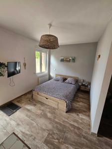 1 dormitorio con 1 cama y TV en chambre coin nature en Fromelles