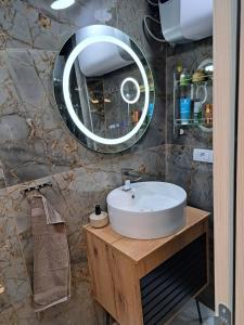 een badkamer met een wastafel en een spiegel bij Apartman Barka in Golubac