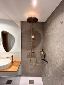 ein Badezimmer mit Dusche, Waschbecken und Spiegel in der Unterkunft Gîte urbain L'Oneux in Hotton