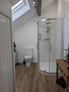 a bathroom with a shower and a toilet at The Barrels at Leintwardine in Leintwardine