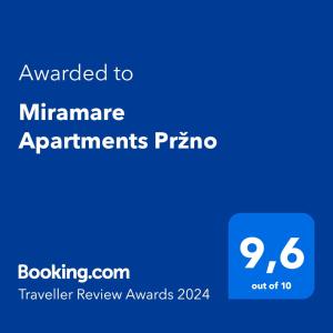 Majutusasutuses Miramare Apartments Pržno olev sertifikaat, autasu, silt või muu dokument