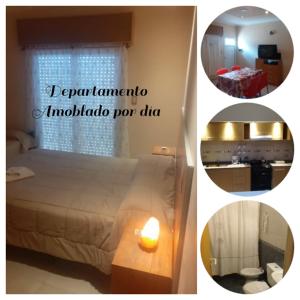 een collage van foto's van een slaapkamer met een bed en een kaars bij LOS Teros dptos in Villa María
