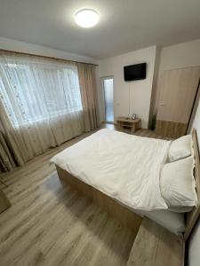 a bedroom with a large white bed and a television at DARI Studio in Cluj-Napoca