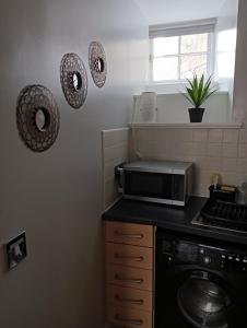 eine Küche mit einem Herd und einer Mikrowelle in der Unterkunft Bijou Apartment in Berwick-Upon-Tweed