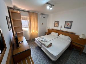 sypialnia z łóżkiem, biurkiem i telewizorem w obiekcie Hostal San Felipe w Marbelli