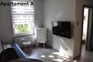 ein Wohnzimmer mit einem TV und einem Sofa in der Unterkunft Apartament za 400m Plaża Sopot in Sopot