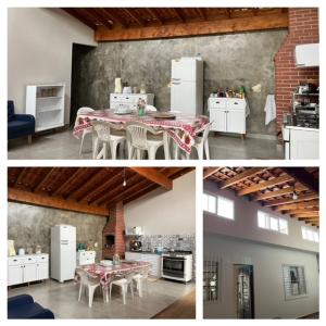 três fotografias de uma cozinha com mesa e frigorífico em Casa Praia Grande em Solemar