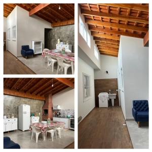 três fotografias de um quarto com uma mesa e uma cozinha em Casa Praia Grande em Solemar