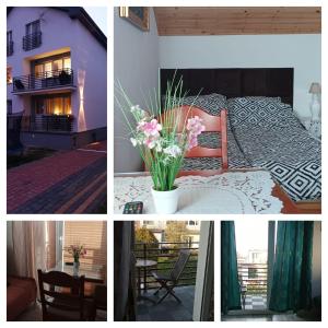 a collage of pictures of a room with a bed and flowers at Villa Rosa pokoje u Marzeny in Władysławowo