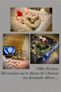 eine Collage mit Bildern eines Schlafzimmers mit einem Bett in der Unterkunft Les Chalets du Parc 