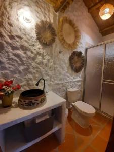 a bathroom with a toilet and mirrors on the wall at Costello Campestre in San Alfonso