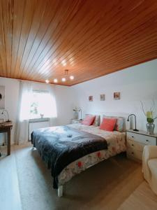 1 dormitorio con 1 cama grande y techo de madera en Haus Tourneur, en Lippetal