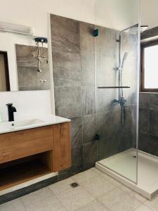 a bathroom with a sink and a shower at Cocoon Guest House in Cotonou