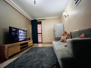 a living room with a couch and a flat screen tv at Kampala Flat in Kampala