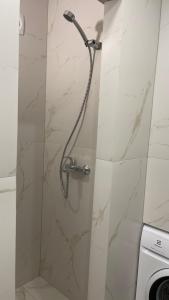 a shower with a shower head in a bathroom at Central Boulevard Apartment 2 in Šiauliai