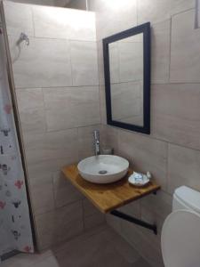 a bathroom with a sink and a mirror and a shower at La Catalina 2 in San Antonio de Areco