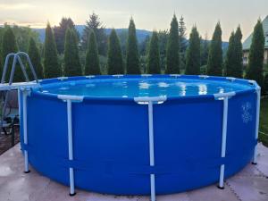 文蓋爾斯卡－古爾卡的住宿－Apartament BESKIDLOVE，一座种植了树木的庭院里的大型蓝色游泳池