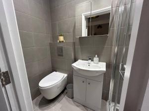 La petite salle de bains est pourvue de toilettes et d'un lavabo. dans l'établissement City Studio Escape near Emirates, à Londres